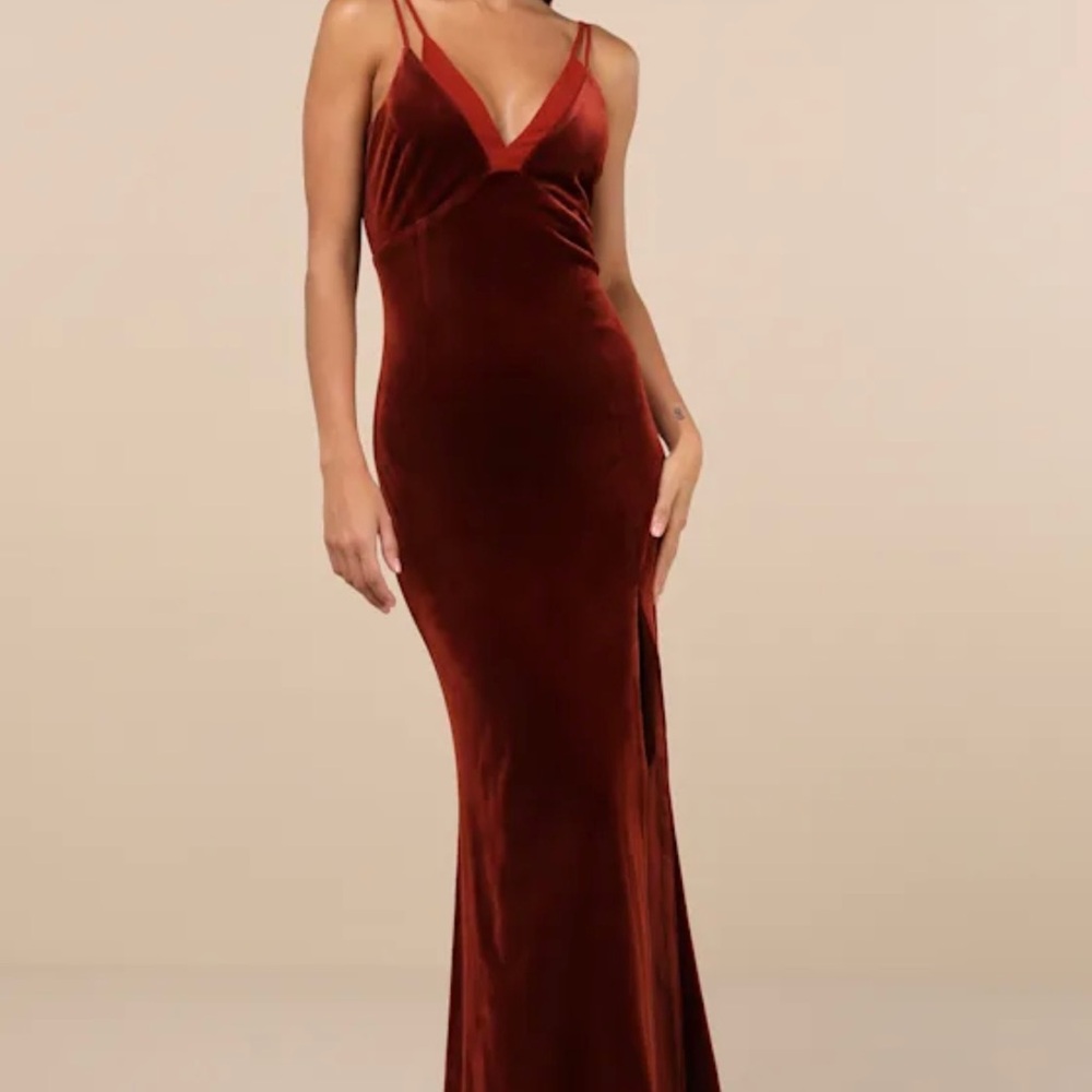 Elegant Velvet Evening Gown, Rust colored